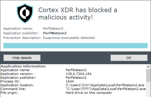 Cortex XDR이 PerfWatson2 차단