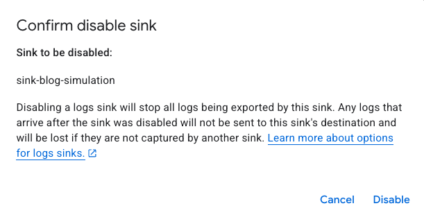 GCP sink 비활성화 콘솔 메시지